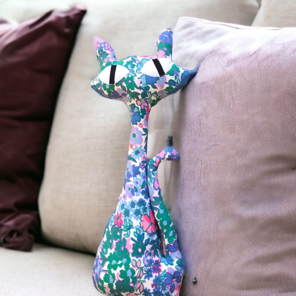 Blue Green Pink Floral Kooky Kat, Mid Century Modern Cat Pillow, MCM Decor Plush